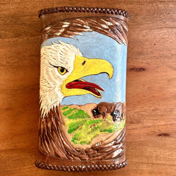 Vintage 70s Long Wallet Clutch Handmade Tooled Leather Bald Eagle Bison - Picture 1 of 7
